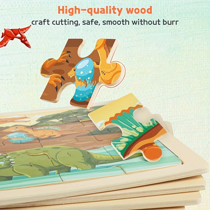 Wooden Dinosaur Puzzle for Children Ages 3+ Years Old, 4 Bags, 24pcs, Brain Sharp Turning Board, Children's Gift, Wooden Dinosaur Puzzle, Suitable for Boys And Girls