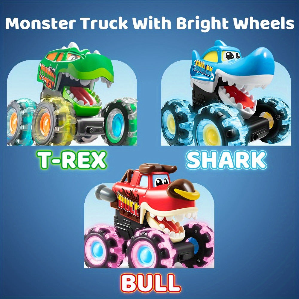 Monster Truck Toys for Toddlers 3-Pack LED Light Up Wheels Press and Go Animal Trucks Shark Bull Dinosaur, Glow in Dark Push Car Toy for Kids Ages 1-5, Birthday Easter Gift for Boys and Girls