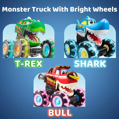 Monster Truck Toys for Toddlers 3-Pack LED Light Up Wheels Press and Go Animal Trucks Shark Bull Dinosaur, Glow in Dark Push Car Toy for Kids Ages 1-5, Birthday Easter Gift for Boys and Girls