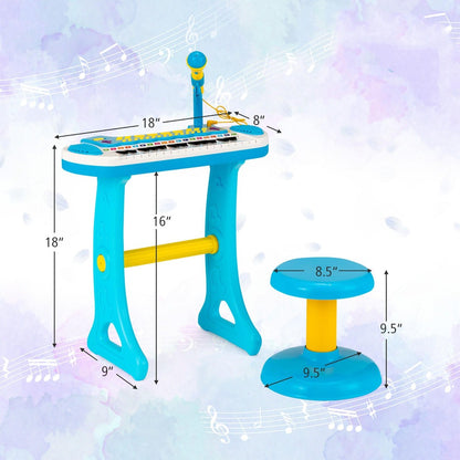 COSTWAY 31-Key Piano Toy, Portable Musical Instrument W/ Multiple Sounds And Light Effect, Adjustable Microphone And Stool, Cute Toy Keyboard for Boys And Girls, Gift for 3+, Blue