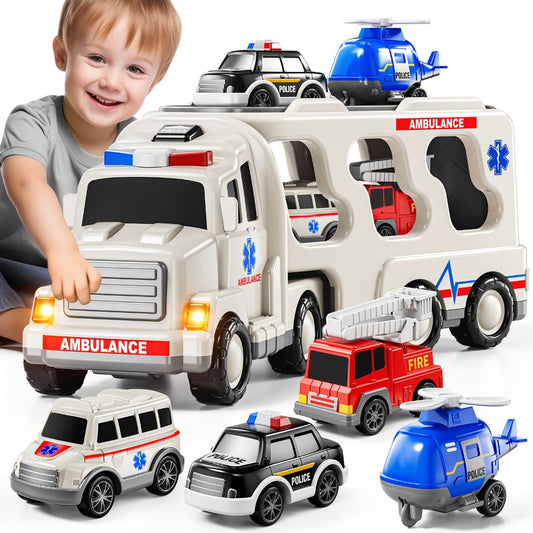 Ambulance Truck Toys for Boys Kids, 5-In-1 Kids Carrier Fire Trucks Friction Power Toys with Light Sound for Kids Birthday Gift