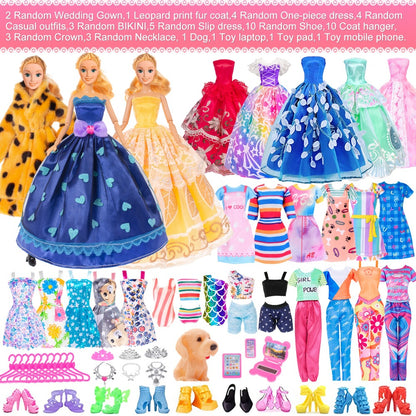 50Pcs Barbie Doll Clothes and Accessories Set for 11.5 Inch Fashion Dolls – Fur Coat Princess Dresses Outfits Shoes Crowns Necklaces Bikini & More, Girls Birthday Christmas Gift Ages 3+ No Doll Included