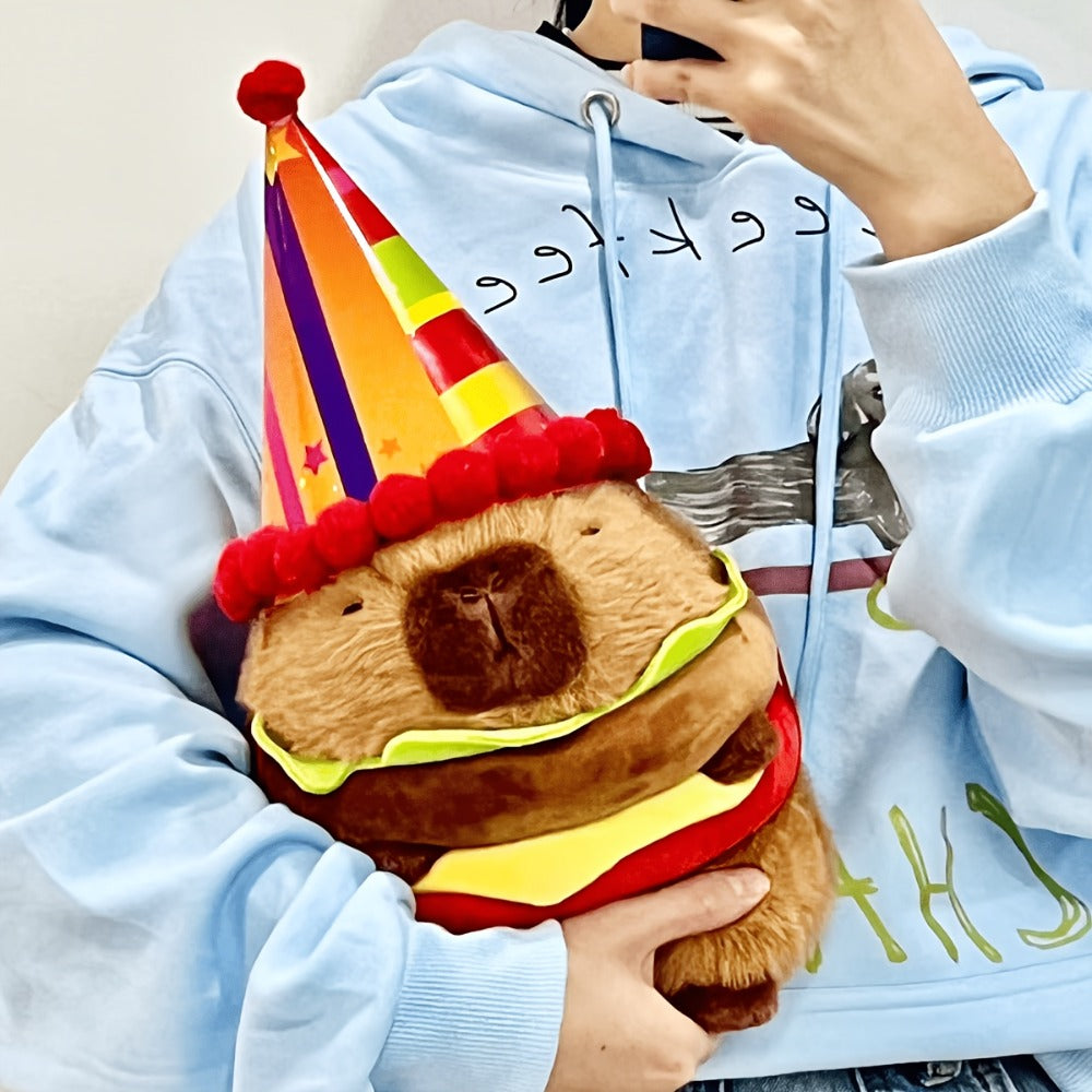 Capybara Plush Stuffed Animal Hamburger — Funny Cute Kawaii Capybara with Burger Hat Soft Plush Toy, Couch Pillow Doll, Unique Gift for Girls Kids Teens, Birthday Christmas Gift