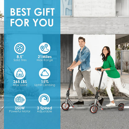 [Foldable Electric Scooter] Long-Range Adult Electric Scooter with a Powerful 350W Motor, Top Speed of 19 Mph, Up to 21 Miles of Range, 8.5-Inch Solid Tires, Foldable Commuter Electric Scooter with APP Control, Dual-Brake System, LED Lights, And Portable