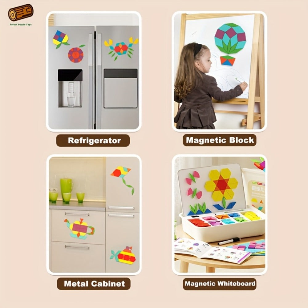 Magnetic Wooden Puzzle Blocks 128 180 220 Piece Set – Geometric Figures Cognitive Learning STEM Toy for Kids, Creative Jigsaw Building Gift for Toddlers & Children