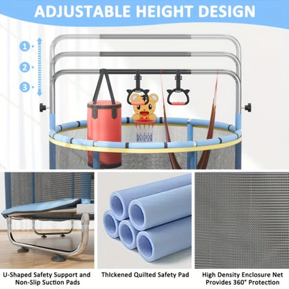 60 Inch Trampoline with Enclosure and Gymnastics Bar – 440 Lbs Capacity Height Adjustable Indoor Outdoor Round Trampoline with Toys for Kids | Best Birthday Gift for Boys and Girls