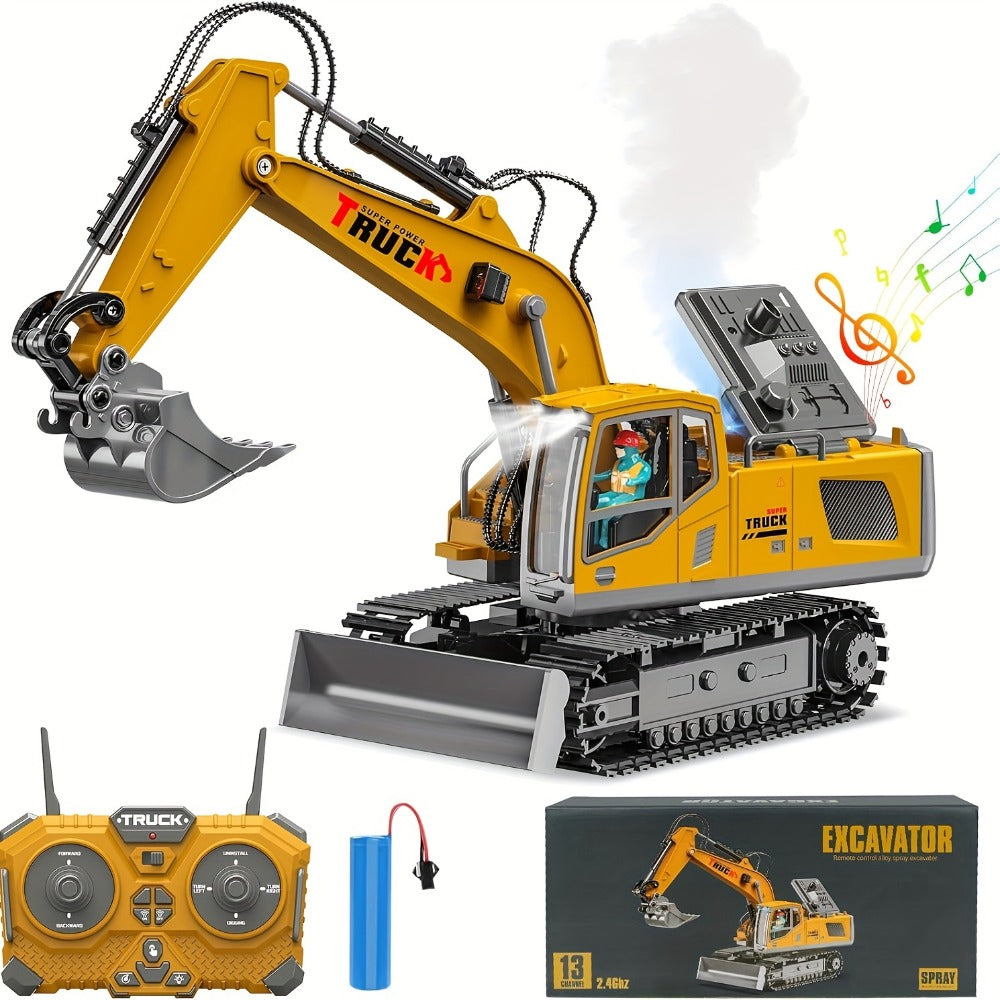 RC Excavator Toy 1200mAh 120-Min Battery Life with Metal Shovel & LED Lights – 13CH/17CH Remote Control Construction Truck for Boys Ages 8+, Birthday Christmas Gift (Yellow/Gray)