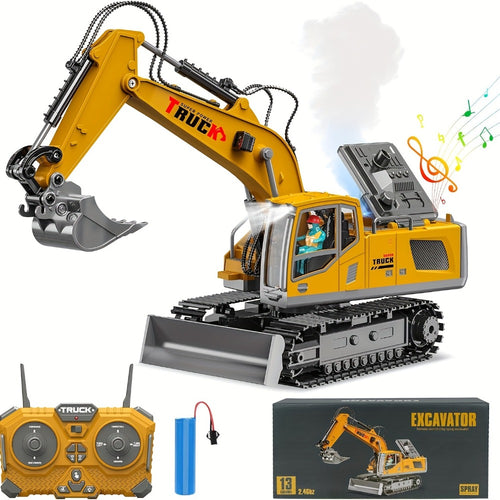 RC Excavator Toy 1200mAh 120-Min Battery Life with Metal Shovel & LED Lights – 13CH/17CH Remote Control Construction Truck for Boys Ages 8+, Birthday Christmas Gift (Yellow/Gray)