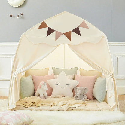 Kids Play Tent Extra Large – Portable Foldable Teepee Indoor Outdoor Dome Playhouse with Flags, Bed Canopy for Boys Girls, Available in Beige Pink Green Brown Cream, 51–59 Inch