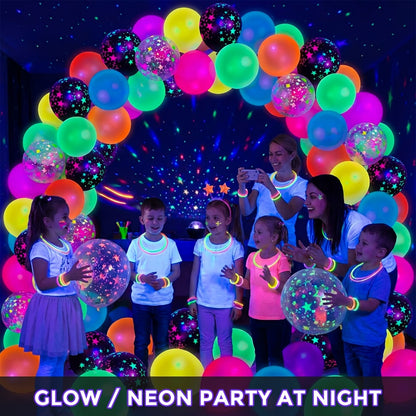 UV Neon Glow Balloons 42 Pcs Assorted – 12 Inch Blacklight Fluorescent Glow in the Dark Balloons with Neon Stars for Glow Party, Birthday, Wedding & Halloween Decorations