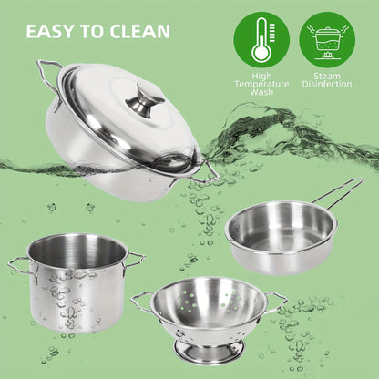 37pcs Pretend Play Kitchen Additions, Kids Kitchen Playset Stainless Steel Play Pots And Pans Sets for Kids, Apron And Chef Hat, Cooking Utensils, Play Food, Kitchen Toys, Gift for Boys Girls