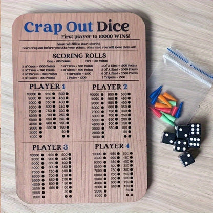 Crap Out Dice Score Board Game 2pcs – 10 Inch Wooden Dice Scoreboard with 6 Dice & 12 Scoring Pegs, Fun Family Dice Game for 1-4 Players, Party Game Night & Gatherings