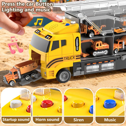 13-in-1 Construction Truck Vehicle Toy Set with Die-Cast Cars & Play Mat – Transport Carrier Truck Playset for Toddlers Kids Ages 3+, STEM Learning, Christmas & Birthday Gift