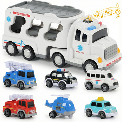 [Birthday Halloween Christmas] 7pcs Set Kids Car Toys, 7 in 1 Construction Vehicle Truck Set with Playmat And Additions, Kids Boys Girls Birthday Halloween Christmas Gift