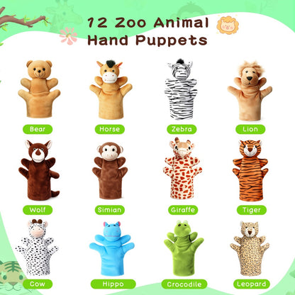 12pcs Hand Puppet Zoo Animal Plush Puppets Cute Animal Hand Puppets Plush Pretend Toys, with Tiger Lion Bear Leopard Design for Telling Story Teaching Role Play, Christmas, Halloween Special Gifts