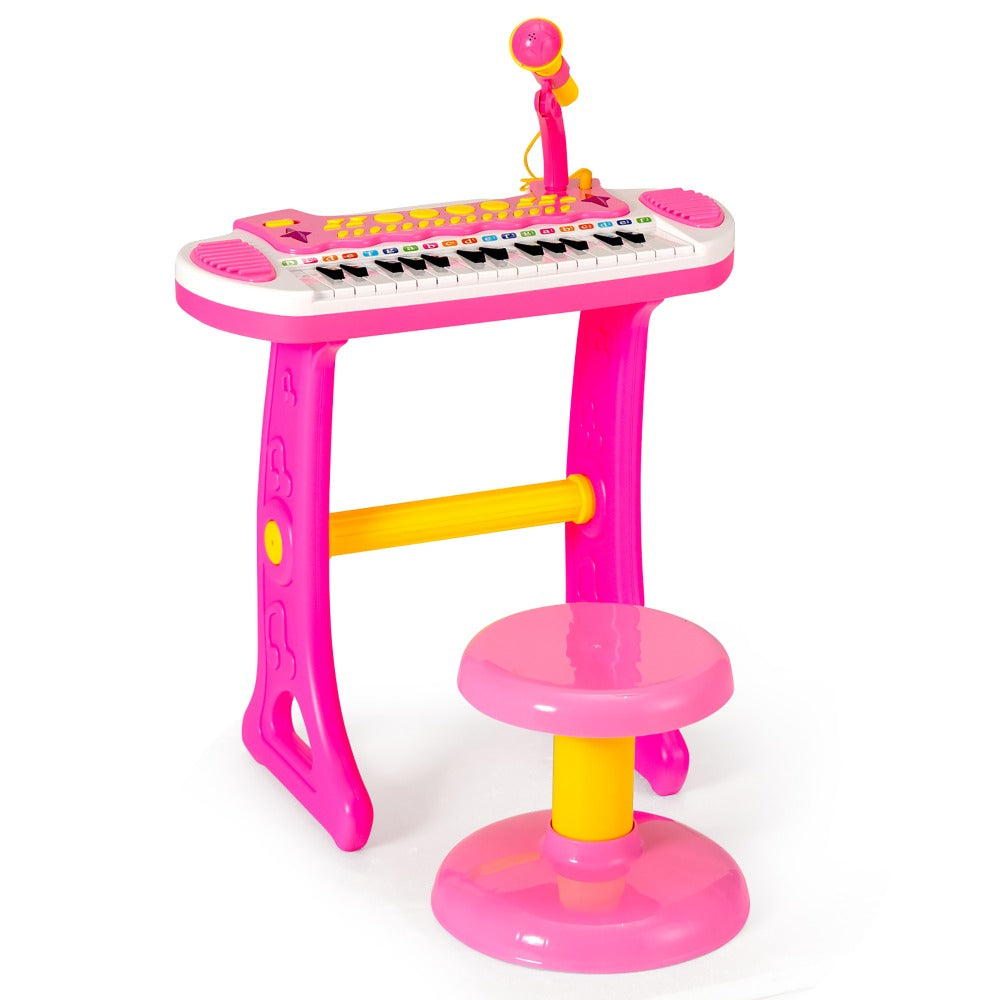 COSTWAY 31-Key Piano Keyboard Toy with Stool, Portable Electronic Music Instrument, Adjustable Microphone, Recording And Playback Features, Light Effects, Educational Gift for Kids Aged 3 And Up