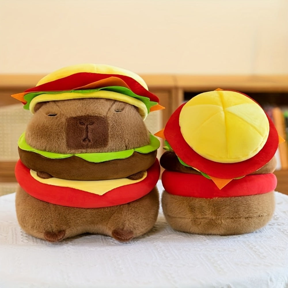 Capybara Plush Stuffed Animal Hamburger — Funny Cute Kawaii Capybara with Burger Hat Soft Plush Toy, Couch Pillow Doll, Unique Gift for Girls Kids Teens, Birthday Christmas Gift
