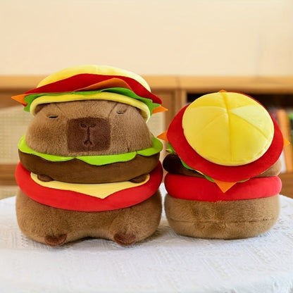 Capybara Plush Stuffed Animal Hamburger — Funny Cute Kawaii Capybara with Burger Hat Soft Plush Toy, Couch Pillow Doll, Unique Gift for Girls Kids Teens, Birthday Christmas Gift