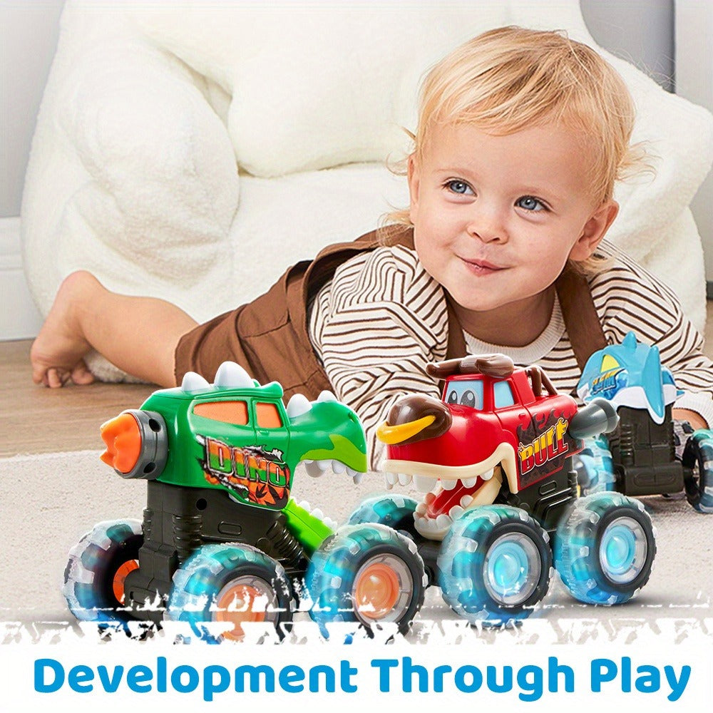 Monster Truck Toys for Toddlers 3-Pack LED Light Up Wheels Press and Go Animal Trucks Shark Bull Dinosaur, Glow in Dark Push Car Toy for Kids Ages 1-5, Birthday Easter Gift for Boys and Girls