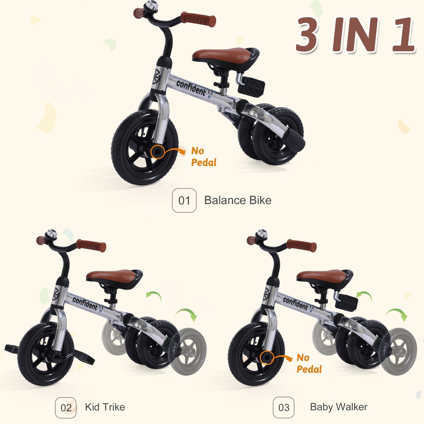 3in 1 Tricycle for Toddlers Age 2+ Years Old Boys Girls with Detachable Pedal And Training Wheels, Baby Balance Bike Trikes Riding Toys, Ride-on Bike Toys Bike Birthday Gift for Outdoor And Indoor