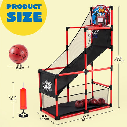 Kids Adjustable Basketball Hoop Set Arcade-Style Stand 4 Balls Air Pump 55 Inch Height Indoor Outdoor Sport Play Birthday Christmas Gift Boys Girls Ages 3+ Multicolor Red Blue
