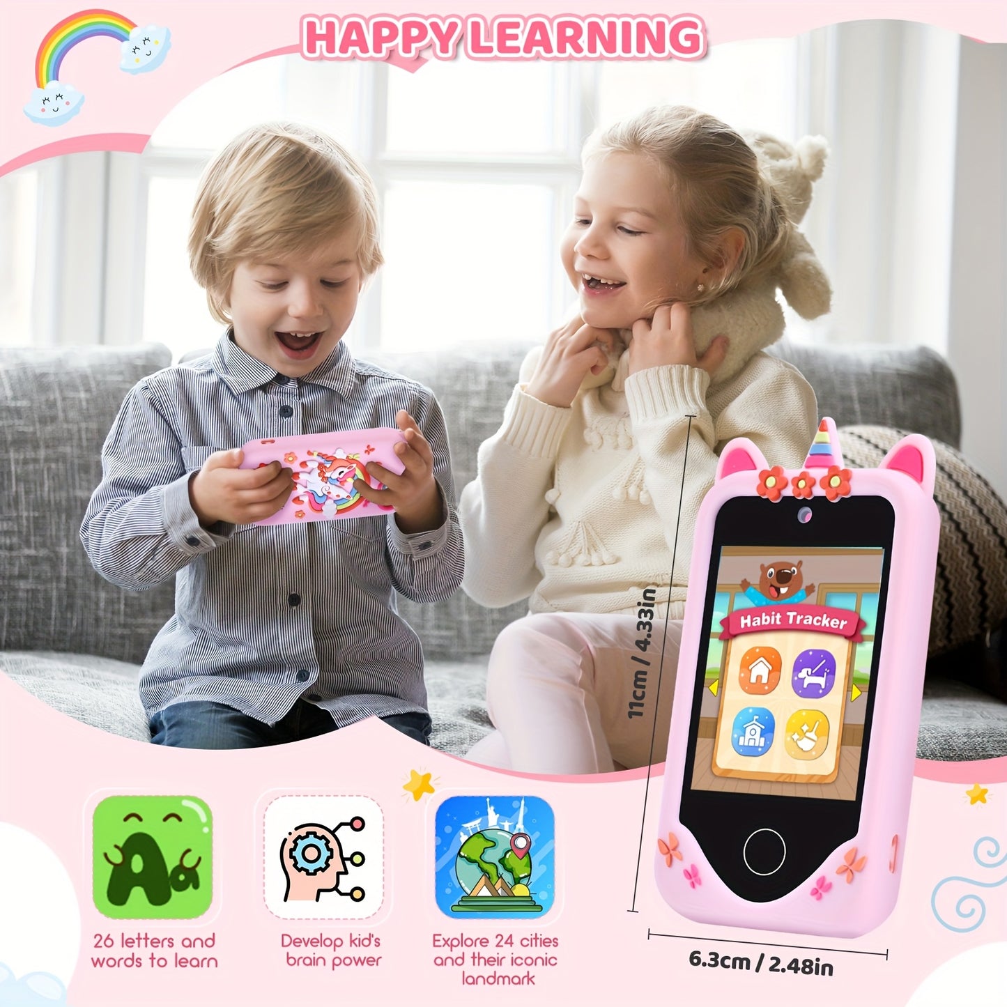 Kids Phone, Touch Screen High-Definition Dual Camera Toy Phone, with 32GB SD Card Travel Toy, Suitable for 3-10-Year-Old Girls' Birthdays And Christmas Gifts - Smartphone Toy