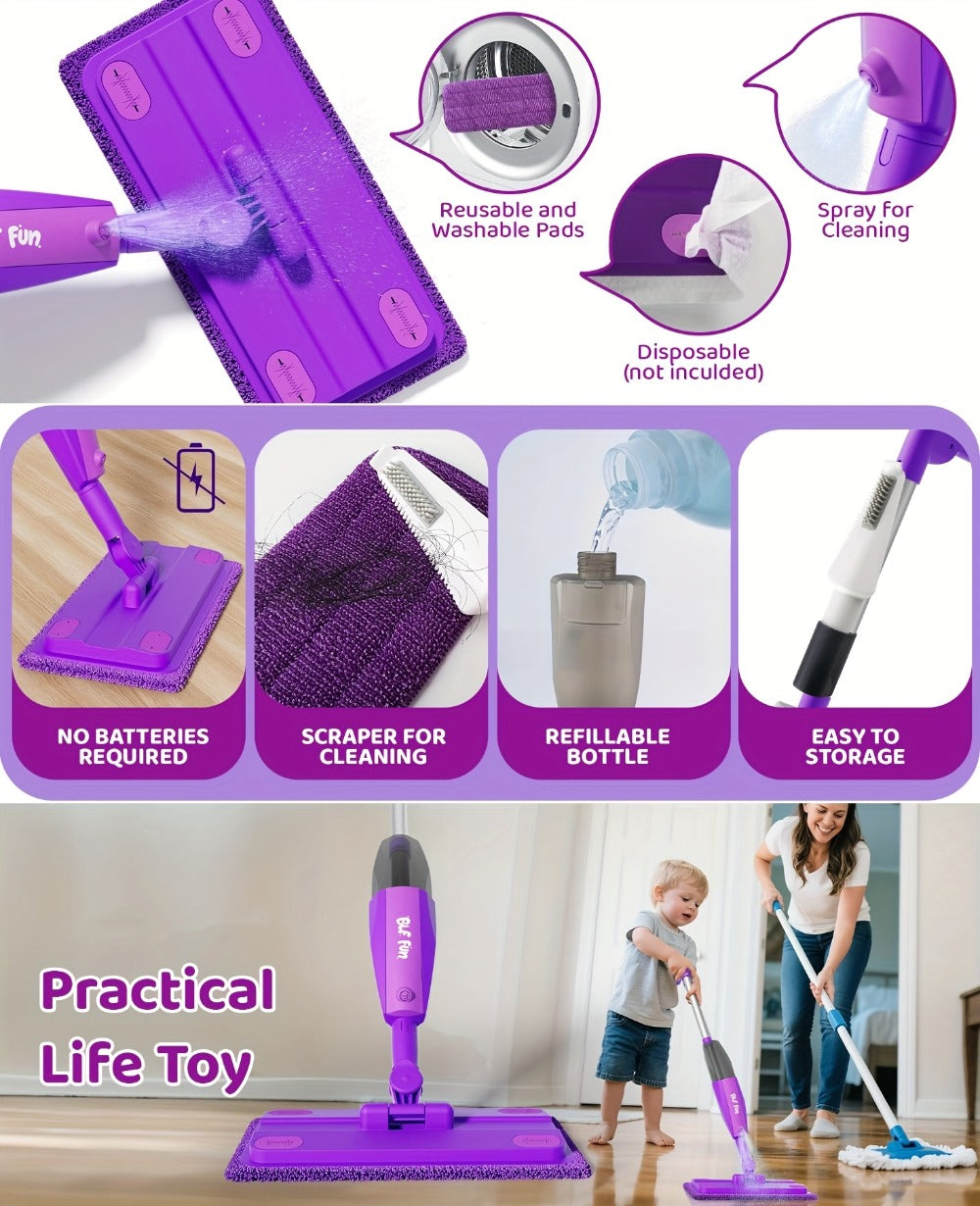 Kids Spray Mop Toy with Real Water Sprayer – Pretend Play Cleaning Set for Toddlers Girls Boys Ages 3 4 5 6, Purple Lightweight Mop, Fun Housekeeping Gift