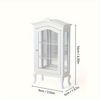 Scale White Artificial Wooden Mini Display Cabinet Model, with Mirror And 3 Glass Front Shelves - Suitable for Dollhouse Decoration, Photography Props, Weddings, And Living Room Scenes, Making It an Excellent Gift
