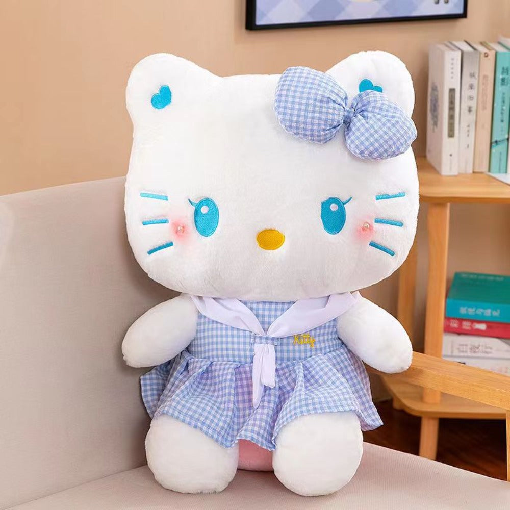 Hello Kitty Oversized Plush Stuffed Toy 13.78 Inch — Sanrio Licensed Dress-Up KT Cat Soft Doll, Kawaii Home Decor & Cuddle Pillow, Birthday Gift for Girls Teens Pink Blue Plaid
