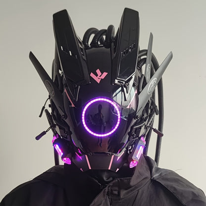 LED Punk Mask with Tubular Braids & Helmet – Futuristic Sci-Fi Mechanical Cosplay Mask for Halloween, Rave Music Festival & Party, Blue Green Pink, Handmade TPU PC Unisex Adult Costume Prop