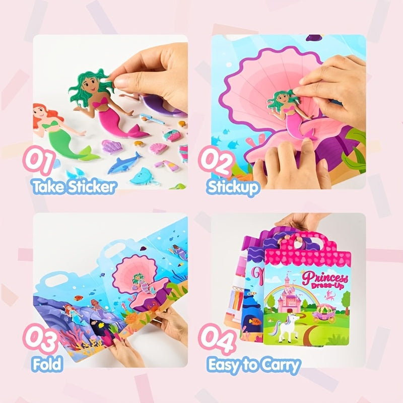 SYNCFUN 3pcs 3D Foam Sticker Books, Reusable Sticker Activity Books for Kids, Travel Toys for Airplane, Cute Restickable Stickers, Crafts Gifts - Fashion, Mermaid, Princess Dress-up
