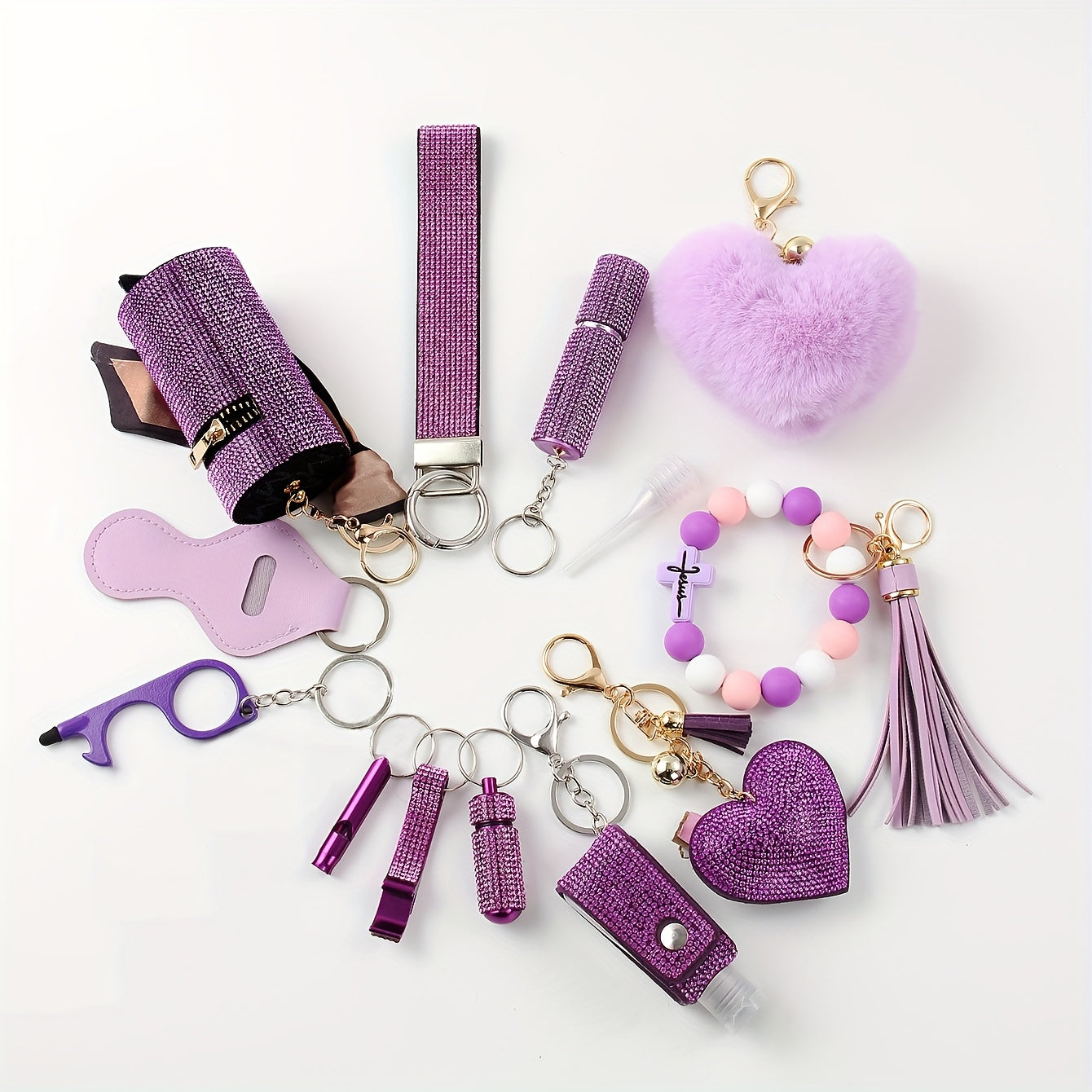Women's Rhinestone Keychain Set 13-Piece – Safety Gadgets with Window Breaker Whistle Hand Sanitizer Holder Perfume Bottle Beaded Bracelet PU Tassel, Holiday Gift Box for Women