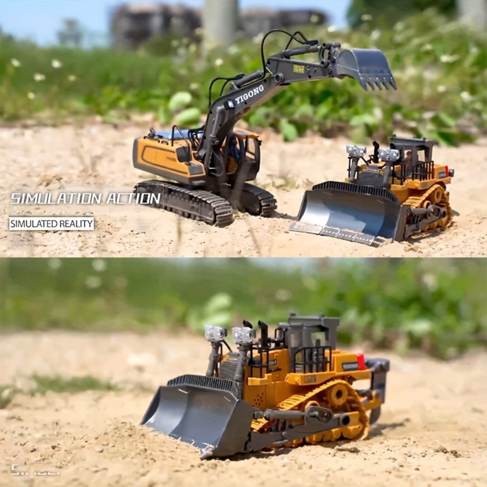 RC Construction Vehicle Toy 2.4GHz Remote Control Excavator Bulldozer Loader with Alloy Metal Cover Lights Sound Effects, Crawler Tractor Truck for Boys Ages 8 and Up, Birthday Gift