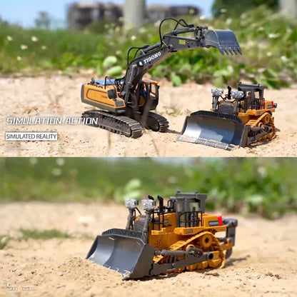 RC Construction Vehicle Toy 2.4GHz Remote Control Excavator Bulldozer Loader with Alloy Metal Cover Lights Sound Effects, Crawler Tractor Truck for Boys Ages 8 and Up, Birthday Gift