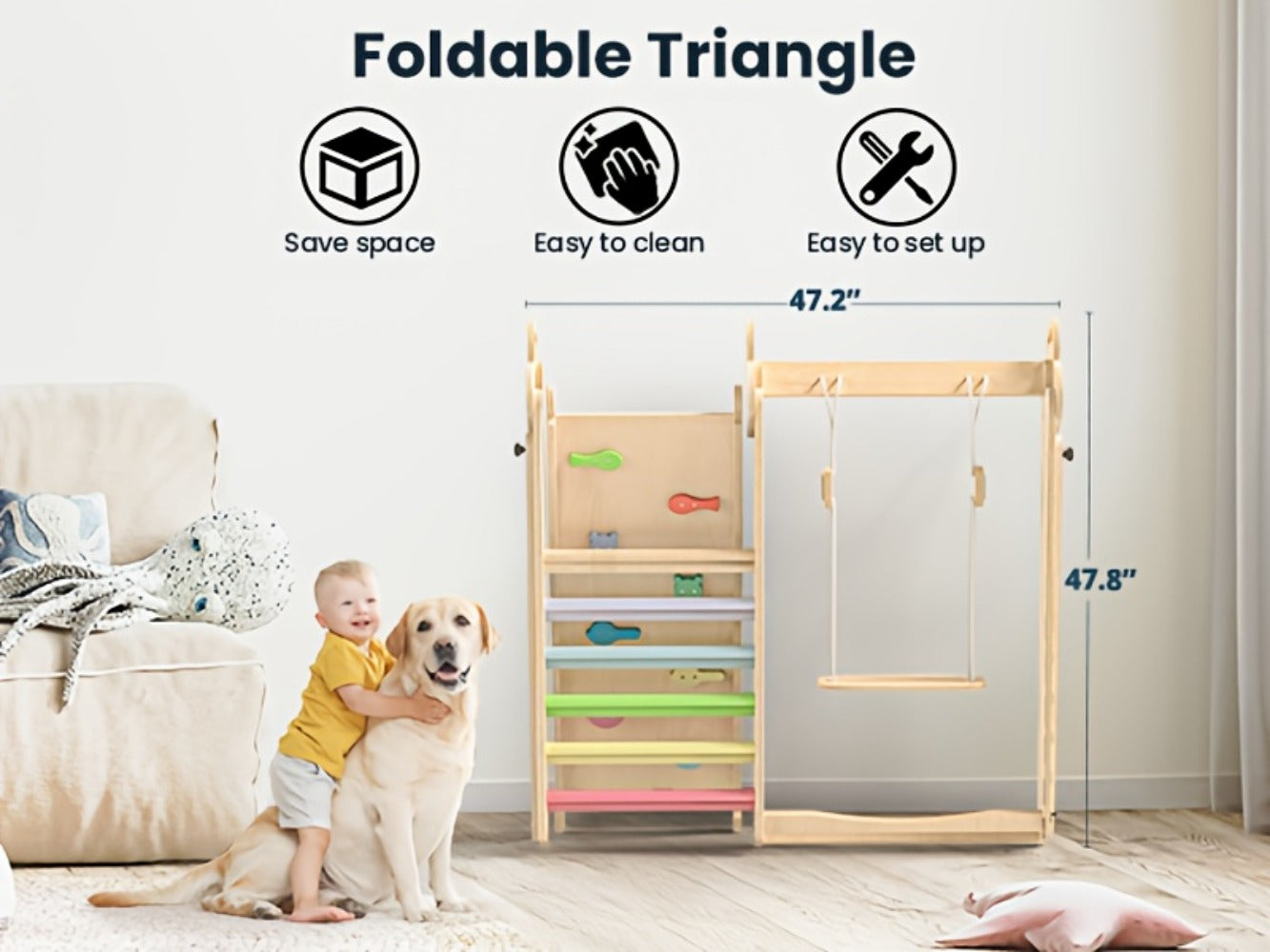 Foldable Indoor Wooden Jungle Gym for Toddlers – 4-in-1 Climbing Frame with Swing, Slide & Ladder | Ages 18M+ | Rainbow & Blue | Kids Indoor Playset for Cognitive Development & Active Play