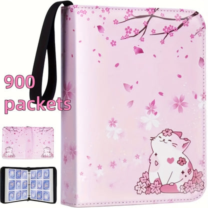 Trading Card Binder Album 900 Pockets Zippered – Premium PU Leather Collector's Album with Pink Cherry Blossom & Cat Design, Waterproof Card Storage for Pokemon, Sports & K-Pop Cards