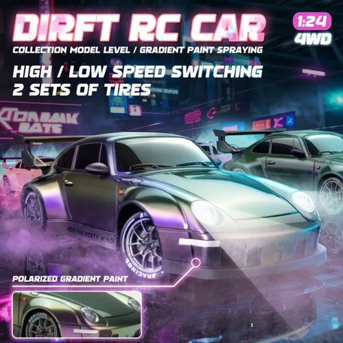 BSJ RC Drift Car 1:24 Scale 4WD 28KM/H Alloy Body with Drift Tires, LED Lights, Barricades & 2 Batteries – Crash-Resistant Racing Car for Boys & Girls, Birthday Christmas Gift (Black/Yellow)