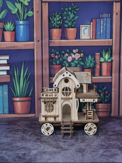 A 3D Wooden Puzzle of a Villa, Featuring a Mobile House on Wheels, Designed As a Model of a Wooden Café Bar. These Handcrafted Wooden Assembly Blocks Make an Ideal Gift for Loved Ones