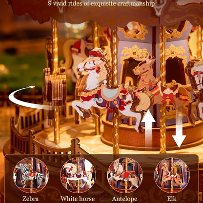 Rolife Carousel Music Box Kit – DIY 3D Wooden Puzzle Architectural Craft Model, Spinning Carousel with Music, Hobby Home Decor, Valentine's Day Birthday Christmas Anniversary Gift for Adults Teens