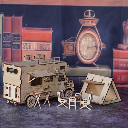 3D Wooden Car Puzzle Travel RV Camping Car Assembly Model, Wooden Outdoor Camping Car Building Block Toy Kit, Suitable as a Gift for Friends and Family
