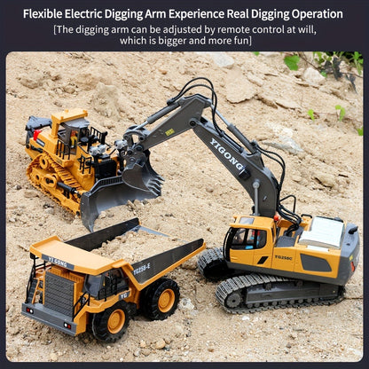 RC Excavator Toy 1:24 Scale 2.4GHz 9-Channel with Alloy Metal Cap Lights Sound Rechargeable Battery, Remote Control Construction Truck for Boys Ages 6+, Birthday Christmas Gift Multiple Colors