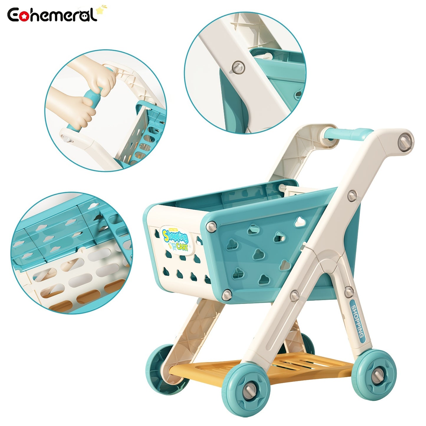 Deluxe Play Shopping Cart Set with Realistic Food - Perfect for Pretend Supermarket & Kitchen Play, Ideal Birthday, Christmas & New Year Gift, Red/Blue