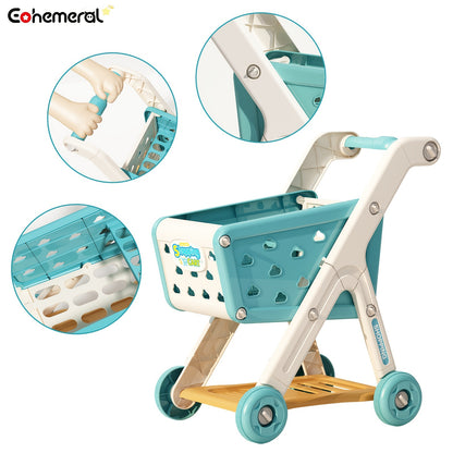 Deluxe Play Shopping Cart Set with Realistic Food - Perfect for Pretend Supermarket & Kitchen Play, Ideal Birthday, Christmas & New Year Gift, Red/Blue