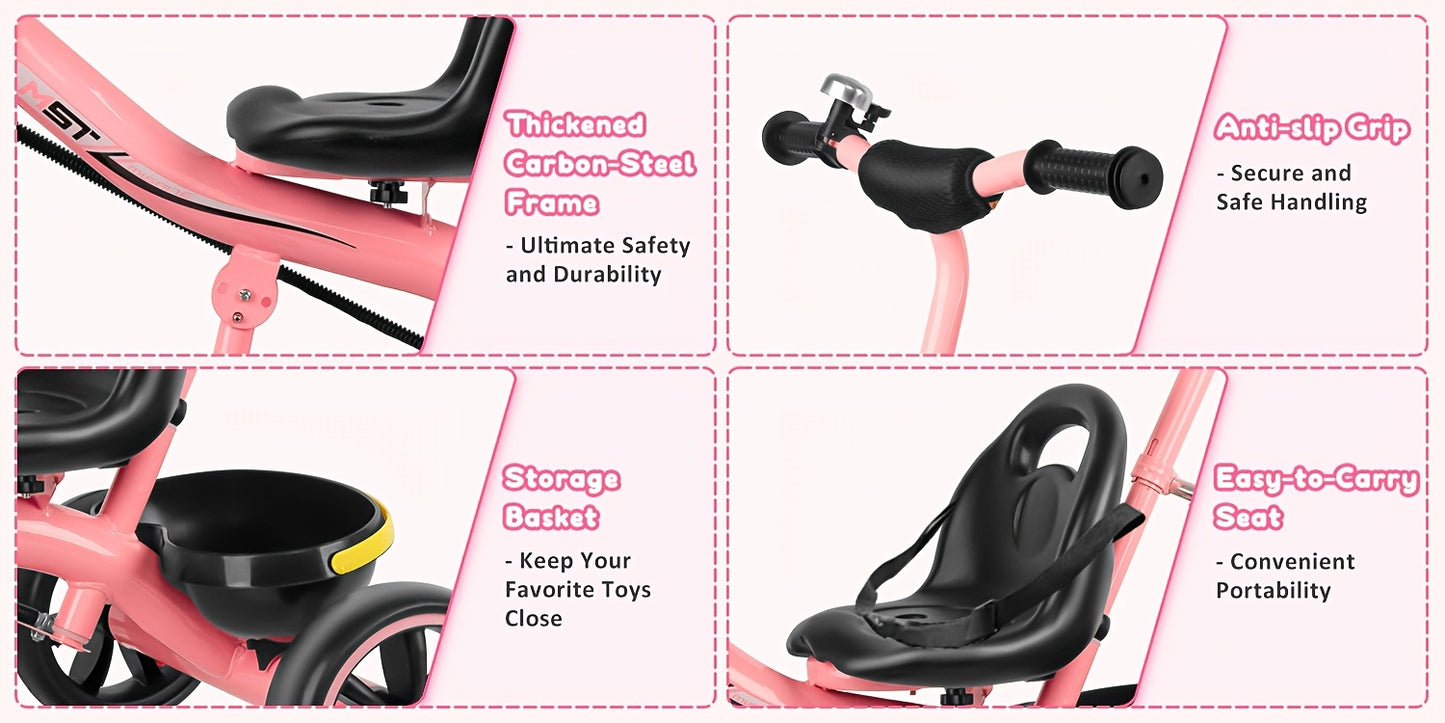 Tricycles For 18 - 60 Months, Toddler Bike, Birthday Gift And Toy For Boys And Girls, Toddler Tricycle With Parent Push Handle, Trike With Backrest And Safety Belt, Pink, For Day