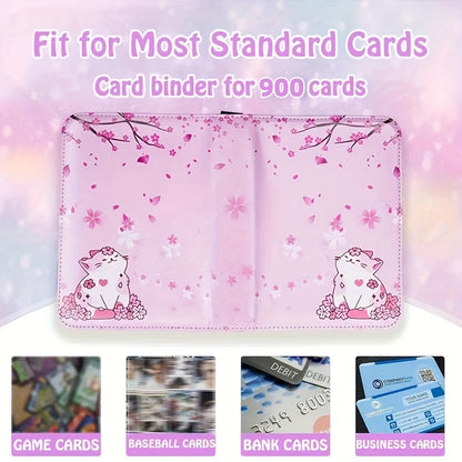 900 Pocket Zippered Collector's Album with Floral Design,- Premium PU Leather Trading Card Binder. Pink Cherry Blossom & Cat Illustration, Waterproof & Durable for Sports And Trading Game Cards