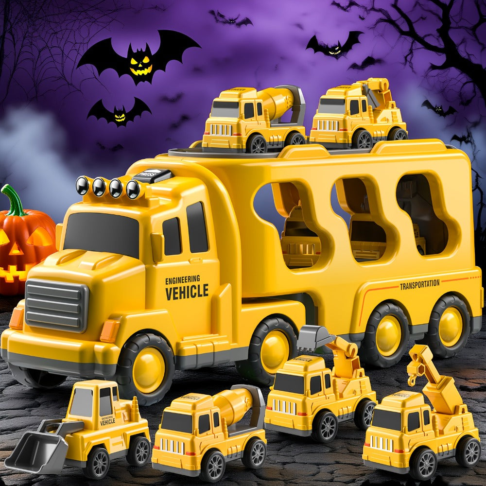 Construction Carrier Truck Toy Set for Kids 3-7, Large Transport Truck with 4 Mini Engineering Vehicles Excavator Mixer Crane Bulldozer, Friction Powered Yellow Toy for Boys Girls Birthday Gift