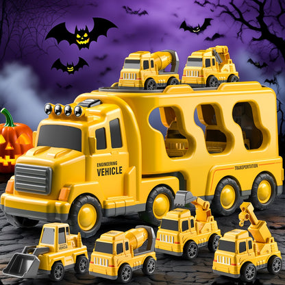 Construction Carrier Truck Toy Set for Kids 3-7, Large Transport Truck with 4 Mini Engineering Vehicles Excavator Mixer Crane Bulldozer, Friction Powered Yellow Toy for Boys Girls Birthday Gift