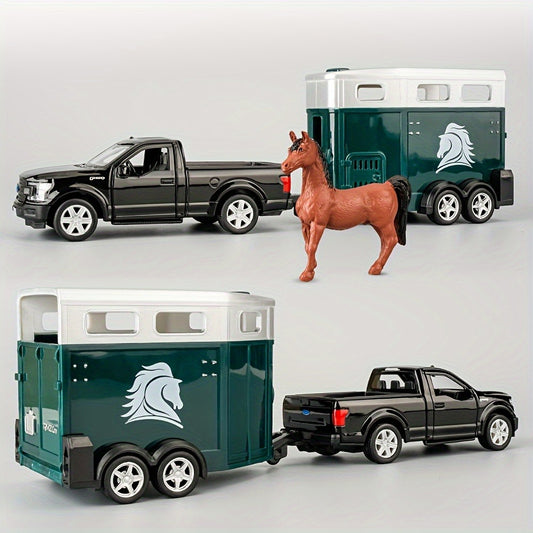 1:36 RMZ CITY Zinc Alloy Toy Car with Horse Trailer & Horse Vehicle, Openable Doors, Pull Back Car, Mixed Colors, Manual Energy, Metal Crafts for Kids, Adults, Birthday & Christmas Gift for Boys & Young People, RMZ City