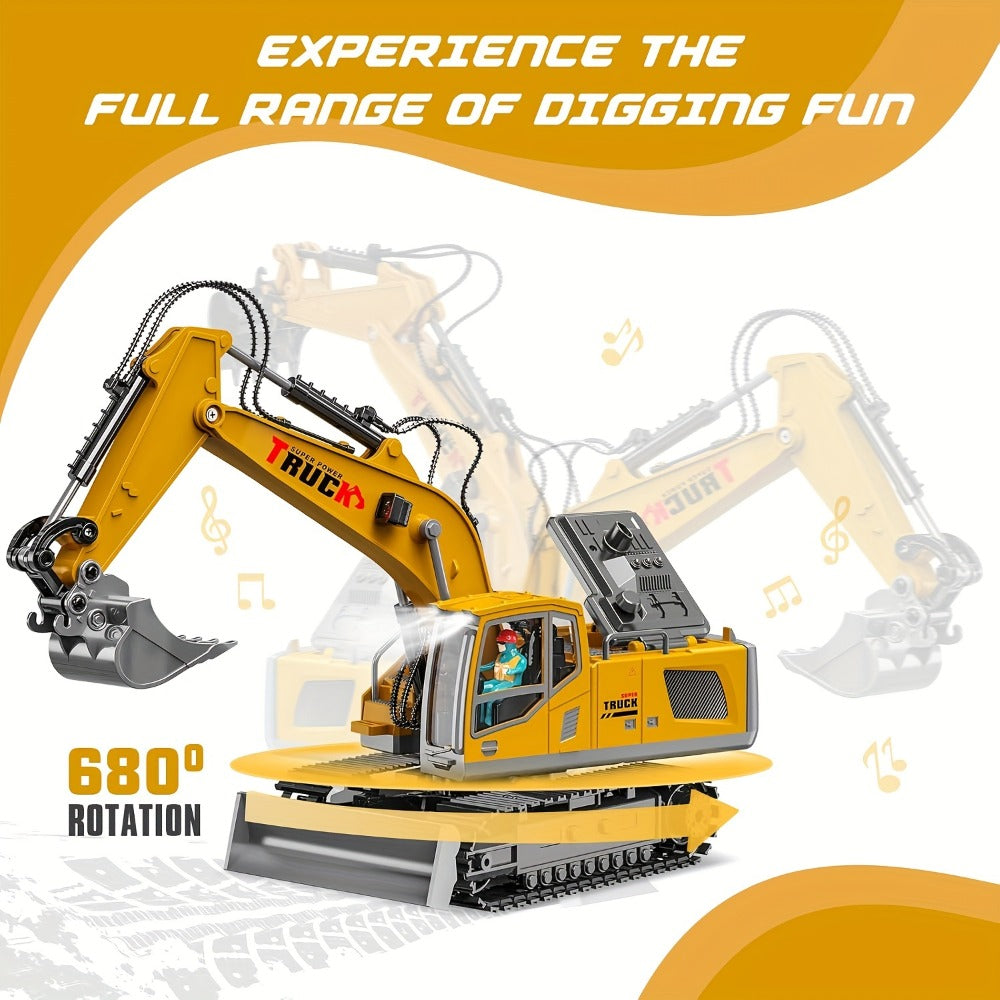 RC Excavator Toy 1200mAh 120-Min Battery Life with Metal Shovel & LED Lights – 13CH/17CH Remote Control Construction Truck for Boys Ages 8+, Birthday Christmas Gift (Yellow/Gray)