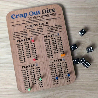 Crap Out Dice Score Board Game 2pcs – 10 Inch Wooden Dice Scoreboard with 6 Dice & 12 Scoring Pegs, Fun Family Dice Game for 1-4 Players, Party Game Night & Gatherings